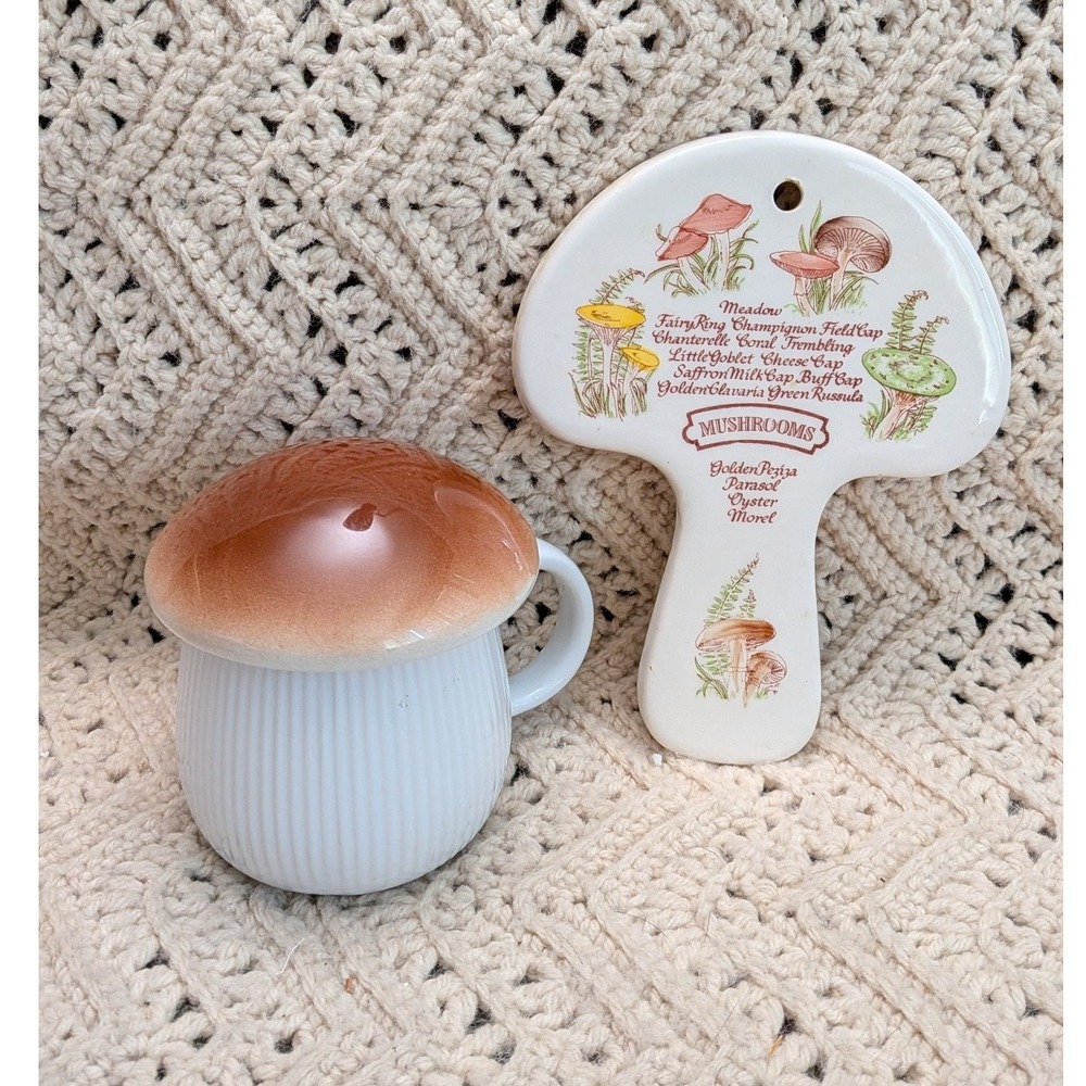 Vintage Avon Weiss 1980 Mushroom Spoon Rest with Lidded Ceramic Mushroom Mug Set